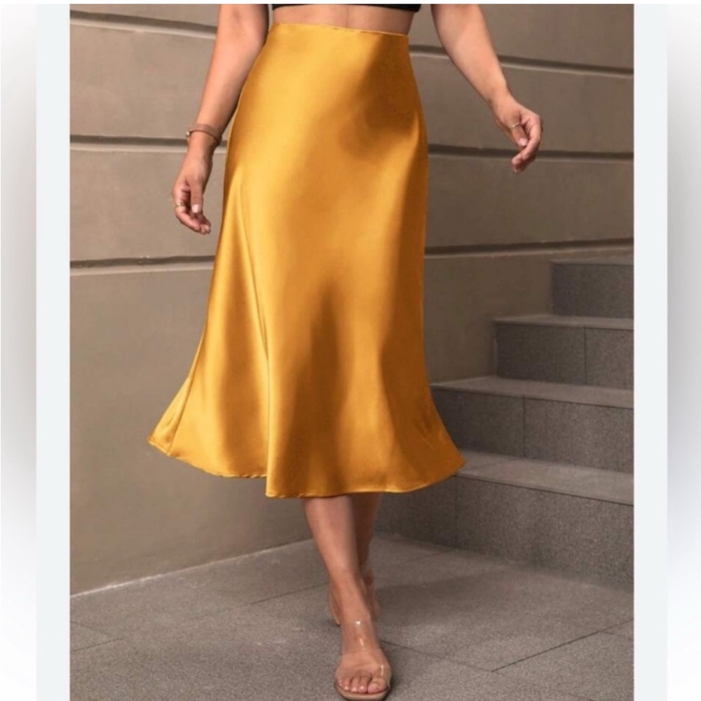Rachel Zoe Mustard Satin Midi Skirt